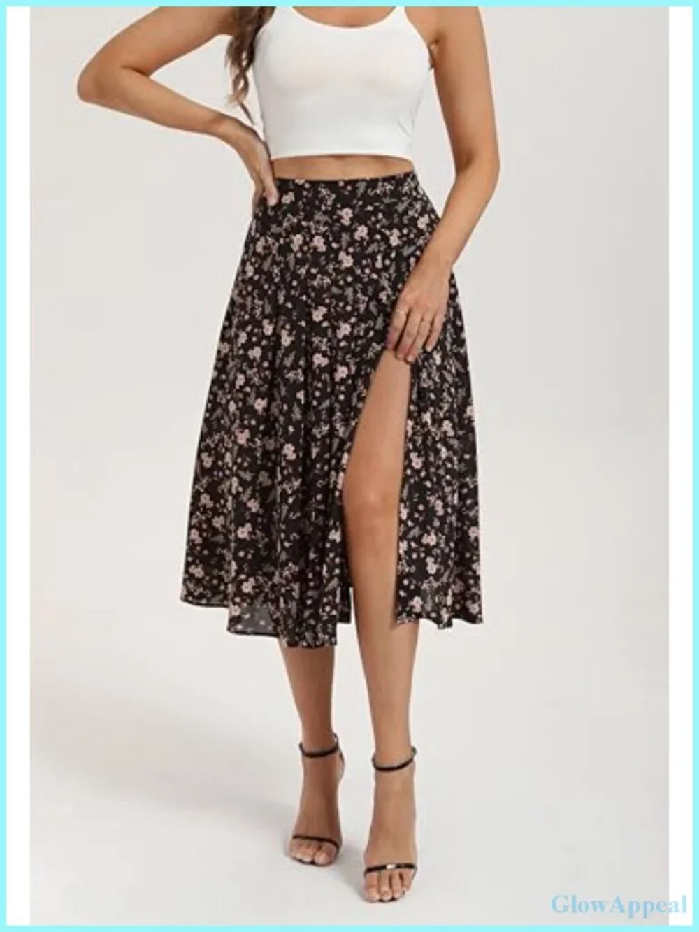 Floral Midi Skirt with Slit High Waist Pleated A-Line Pockets Flowy